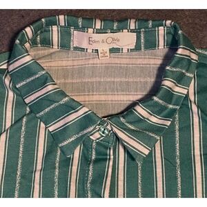 EDEN & OLIVIA women LARGE Striped Blouse BUTTON DOWN Tie Front ROLL TAB green/wh